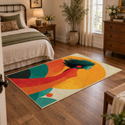 Colorful vintage geometric tree landscape area rug displayed beside a cozy bed