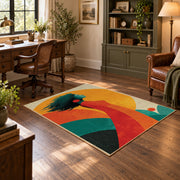 Colorful vintage geometric tree landscape area rug angled view in a classic bedroom