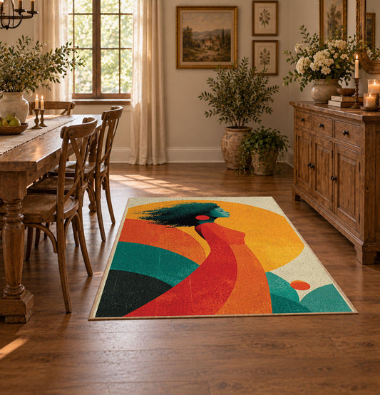Colorful vintage geometric tree landscape area rug shown in a bright dining space