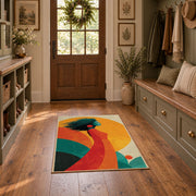 Colorful vintage geometric tree landscape area rug displayed in a refined hallway