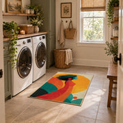 Colorful vintage geometric tree landscape area rug placed in a modern laundry room