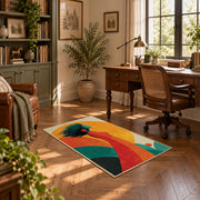 Colorful vintage geometric tree landscape area rug displayed in a sunlit home office