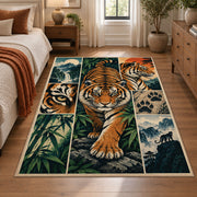 Prowling Tiger Collage Area Rug with Bamboo and Mountain Panels — bedroom setting