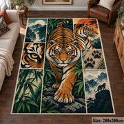 Prowling Tiger Collage Area Rug with Bamboo and Mountain Panels — living room setting