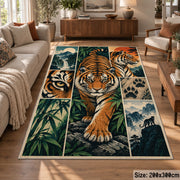 Prowling Tiger Collage Area Rug with Bamboo and Mountain Panels — sofa seating area setting