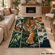 Prowling Tiger Collage Area Rug with Bamboo and Mountain Panels — fireplace area setting
