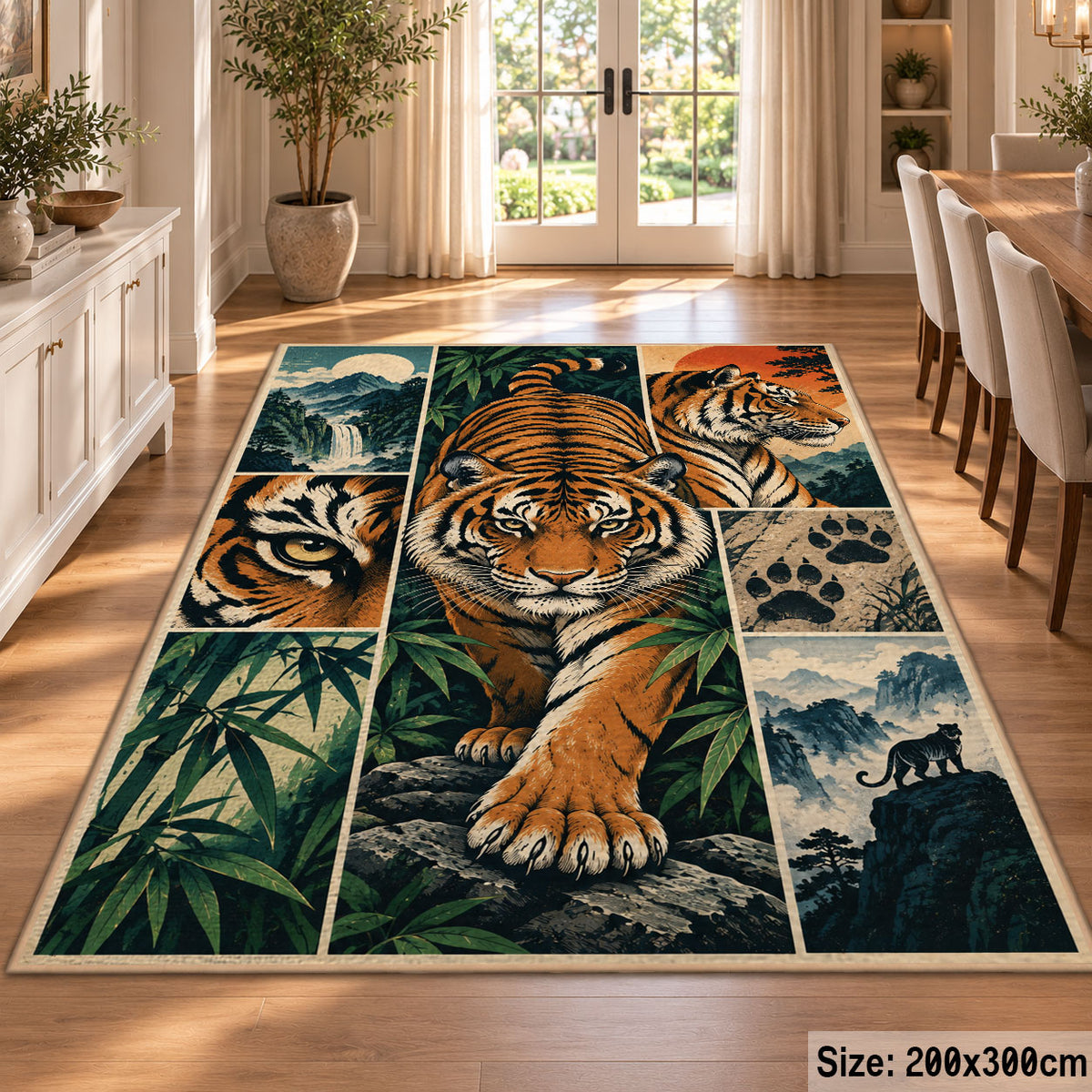 Prowling Tiger Collage Area Rug with Bamboo and Mountain Panels — dining room setting