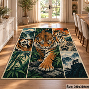 Prowling Tiger Collage Area Rug with Bamboo and Mountain Panels — dining room setting