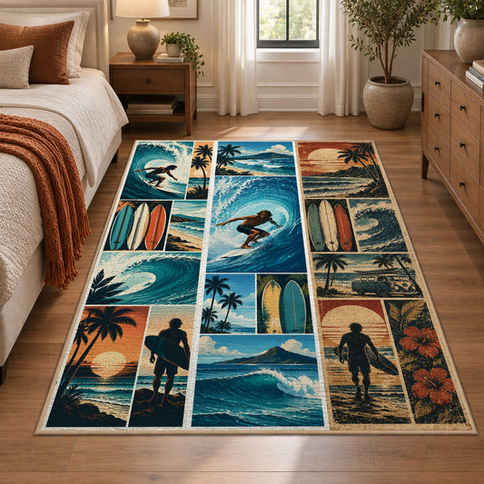 Surfing Collage Area Rug with Ocean Waves and Palm Trees — bedroom setting