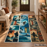 Surfing Collage Area Rug with Ocean Waves and Palm Trees — entryway setting