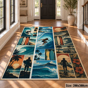 Surfing Collage Area Rug with Ocean Waves and Palm Trees — hallway setting