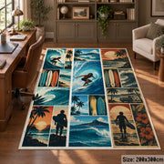 Surfing Collage Area Rug with Ocean Waves and Palm Trees — home office setting