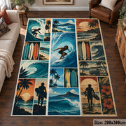 Surfing Collage Area Rug with Ocean Waves and Palm Trees — living room setting