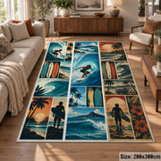 Surfing Collage Area Rug with Ocean Waves and Palm Trees — sofa seating area setting