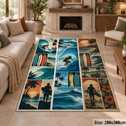 Surfing Collage Area Rug with Ocean Waves and Palm Trees — fireplace area setting