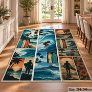 Surfing Collage Area Rug with Ocean Waves and Palm Trees — dining room setting