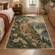 Tiger Floral Landscape Area Rug with Misty Mountains and Lake — bedroom setting