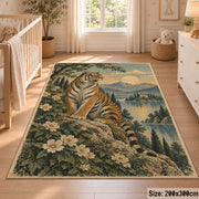 Tiger Floral Landscape Area Rug with Misty Mountains and Lake — nursery setting