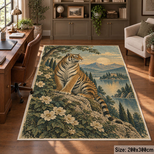 Tiger Floral Landscape Area Rug with Misty Mountains and Lake — home office setting