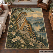 Tiger Floral Landscape Area Rug with Misty Mountains and Lake — living room setting