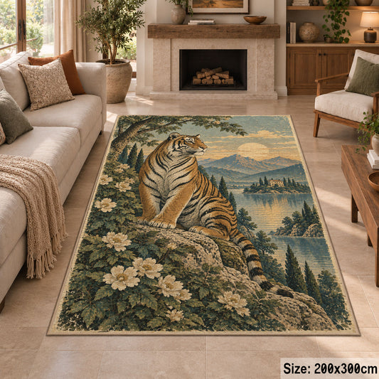 Tiger Floral Landscape Area Rug with Misty Mountains and Lake — fireplace area setting