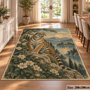 Tiger Floral Landscape Area Rug with Misty Mountains and Lake — dining room setting
