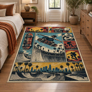 Vintage Skateboarding Collage Rug beside a bed