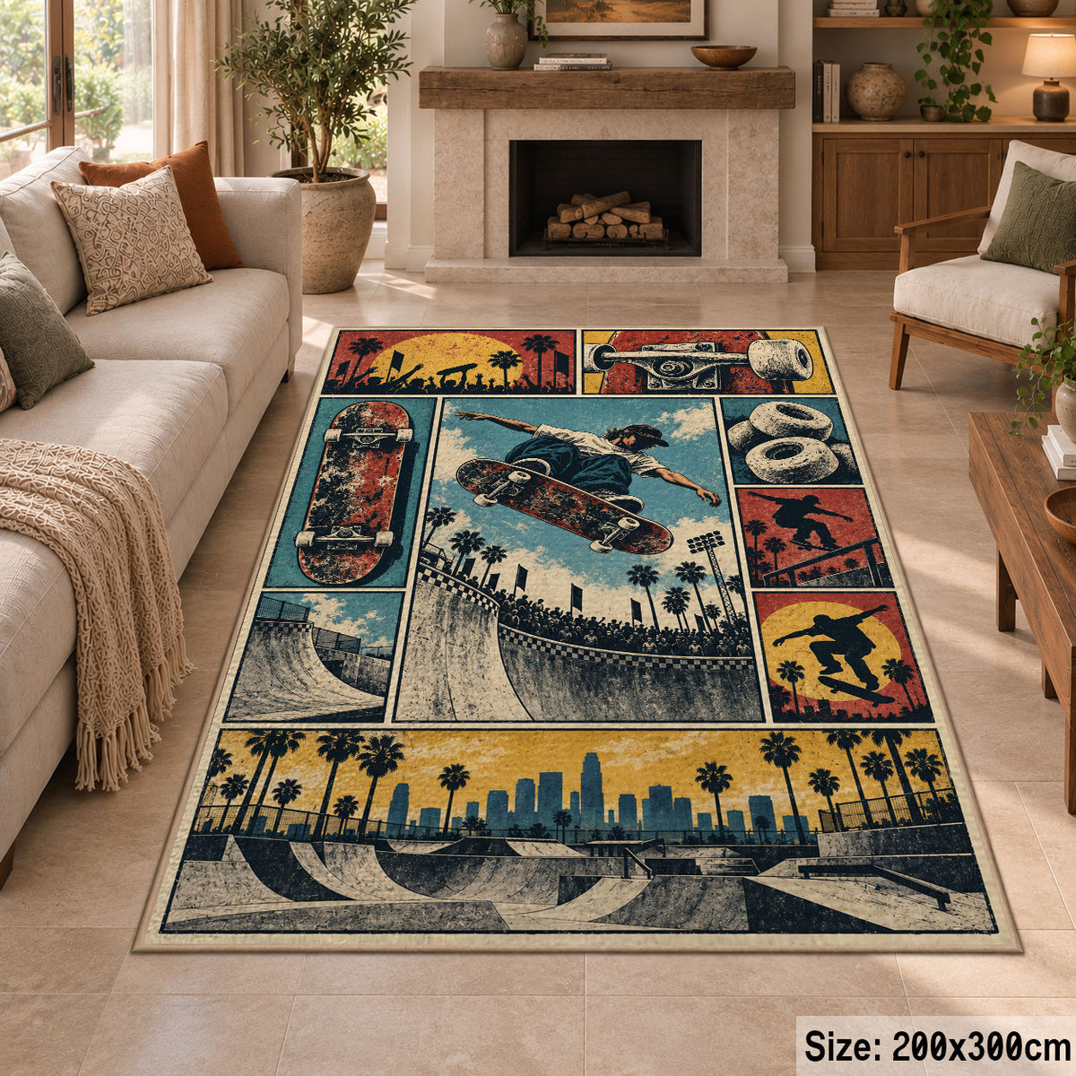 Vintage Skateboarding Collage Rug by a fireplace