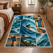 Ocean Wave Surfing Area Rug with Surfboard and Beach Panels — bedroom setting