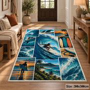Ocean Wave Surfing Area Rug with Surfboard and Beach Panels — entryway setting