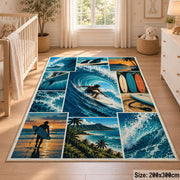 Ocean Wave Surfing Area Rug with Surfboard and Beach Panels — nursery setting