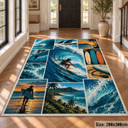 Ocean Wave Surfing Area Rug with Surfboard and Beach Panels — hallway setting