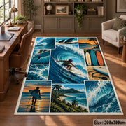 Ocean Wave Surfing Area Rug with Surfboard and Beach Panels — home office setting