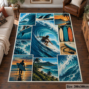 Ocean Wave Surfing Area Rug with Surfboard and Beach Panels — living room setting