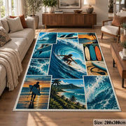 Ocean Wave Surfing Area Rug with Surfboard and Beach Panels — sofa seating area setting