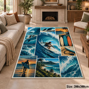 Ocean Wave Surfing Area Rug with Surfboard and Beach Panels — fireplace area setting