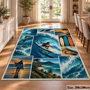 Ocean Wave Surfing Area Rug with Surfboard and Beach Panels — dining room setting