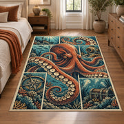Octopus Nautical Collage Area Rug in Rust and Teal — bedroom setting