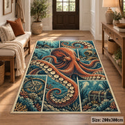Octopus Nautical Collage Area Rug in Rust and Teal — entryway setting