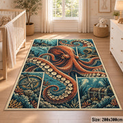 Octopus Nautical Collage Area Rug in Rust and Teal — nursery setting