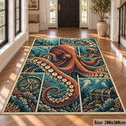 Octopus Nautical Collage Area Rug in Rust and Teal — hallway setting
