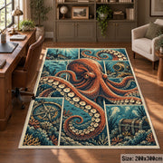 Octopus Nautical Collage Area Rug in Rust and Teal — home office setting