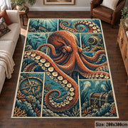 Octopus Nautical Collage Area Rug in Rust and Teal — living room setting