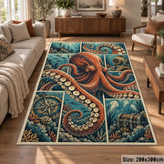 Octopus Nautical Collage Area Rug in Rust and Teal — sofa seating area