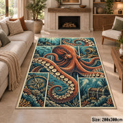 Octopus Nautical Collage Area Rug in Rust and Teal — fireplace setting