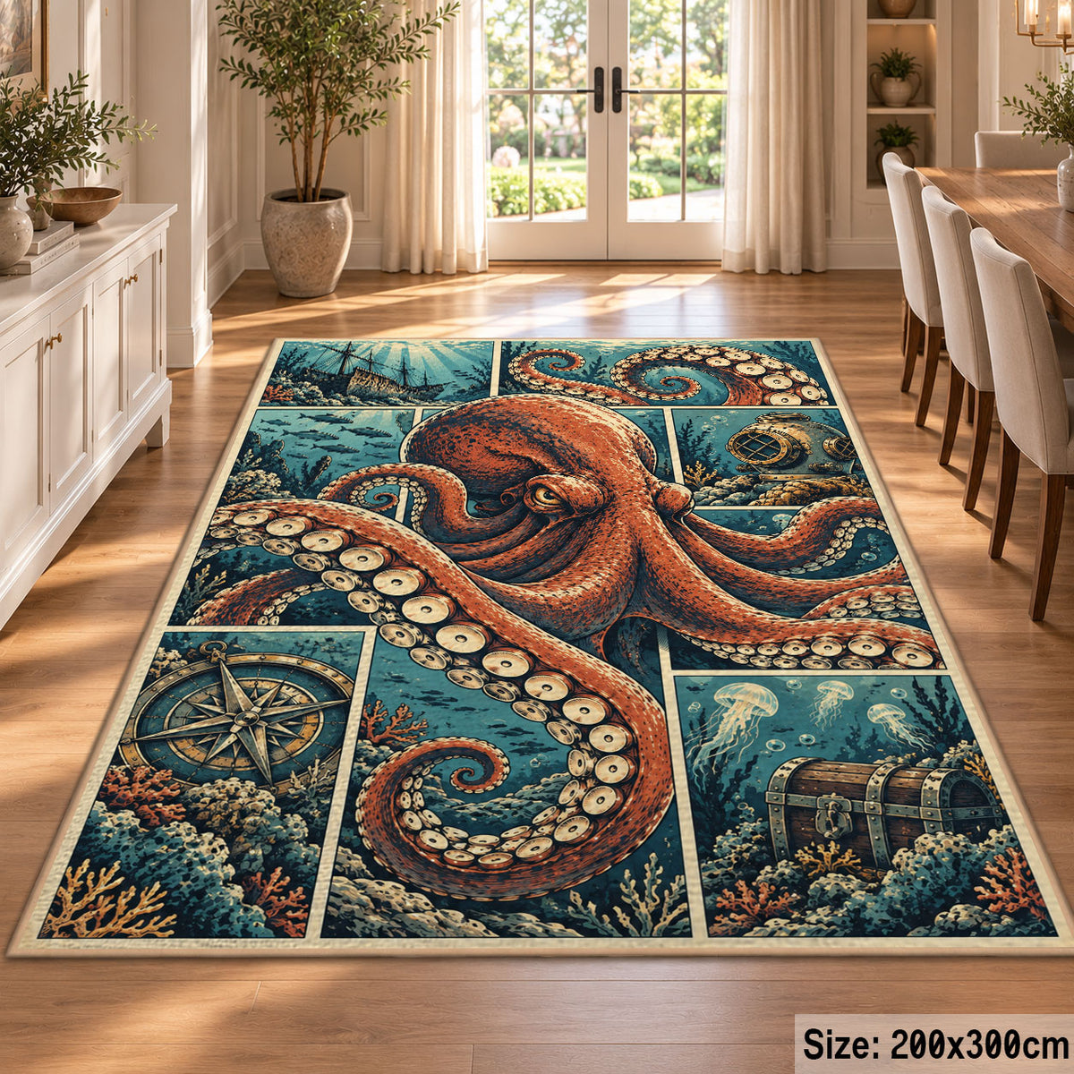 Octopus Nautical Collage Area Rug in Rust and Teal — dining room setting