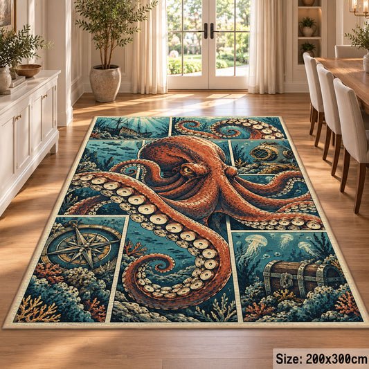 Octopus Nautical Collage Area Rug in Rust and Teal — dining room setting