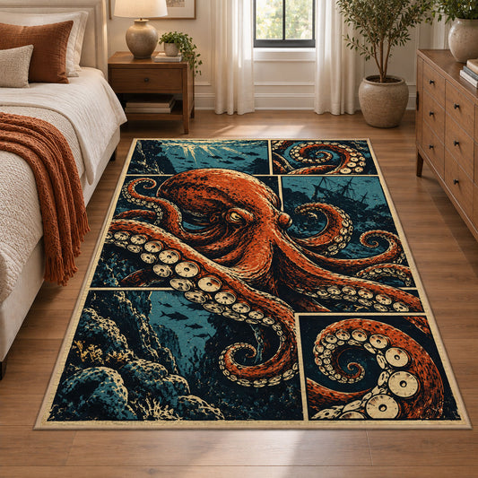 Orange Octopus Area Rug with Coral Panels — bedroom setting