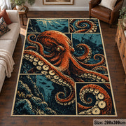 Orange Octopus Area Rug with Coral Panels — living room setting