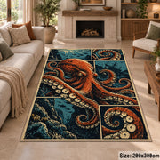 Orange Octopus Area Rug with Coral Panels — fireplace setting